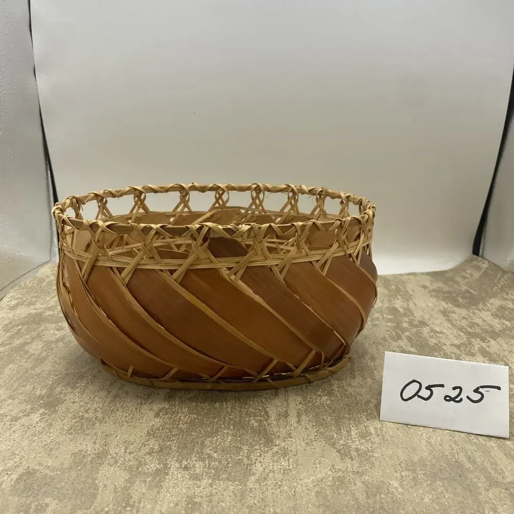 Vintage Filipino Handwoven Bamboo Basket 9”X 6.5”X 5”